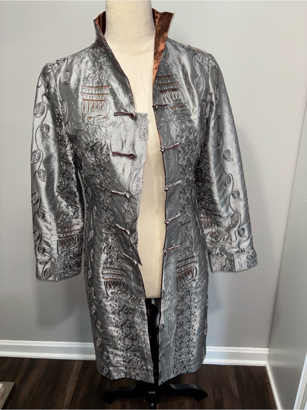 Rare Silver Brocade Long Mandarin Coat
